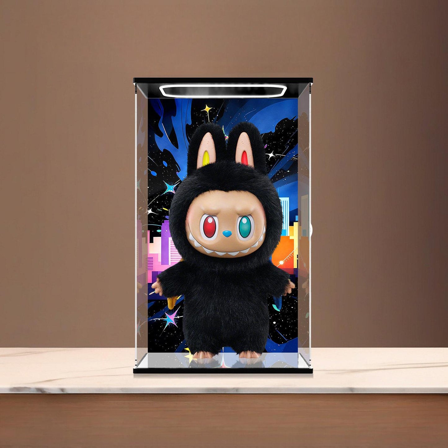 Pop Mart Labubu Mirror Acrylic Display Case with Ring Light & UV-Printed Background - Dustproof Showcase