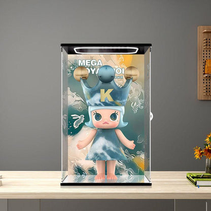 Pop Mart MEGA SPACE MOLLY Mirror Acrylic Display Case with Ring Light & UV-Printed Background - Dustproof Showcase