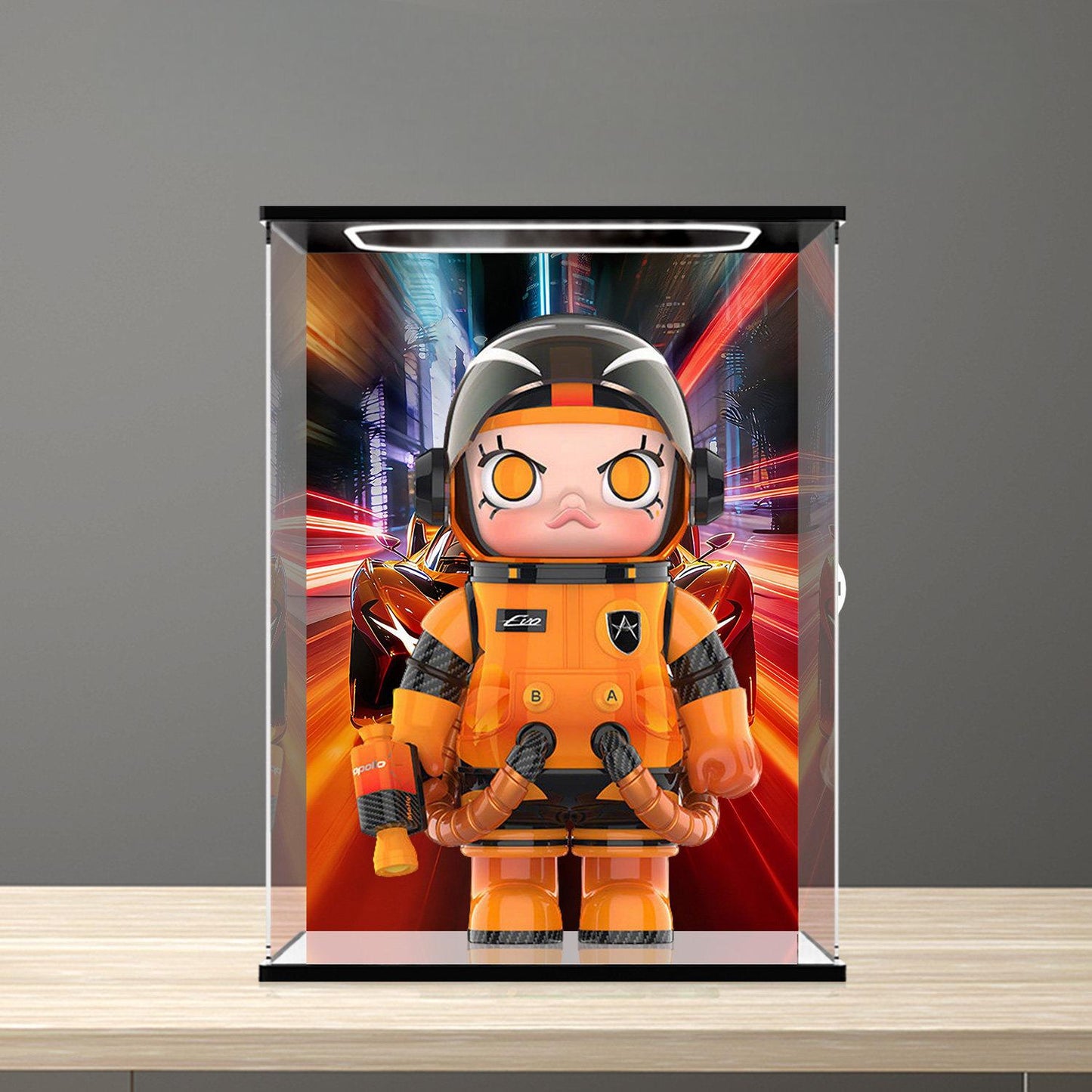 Pop Mart Apollo Mirror Acrylic Display Case with Ring Light & UV-Printed Background - Dustproof Showcase