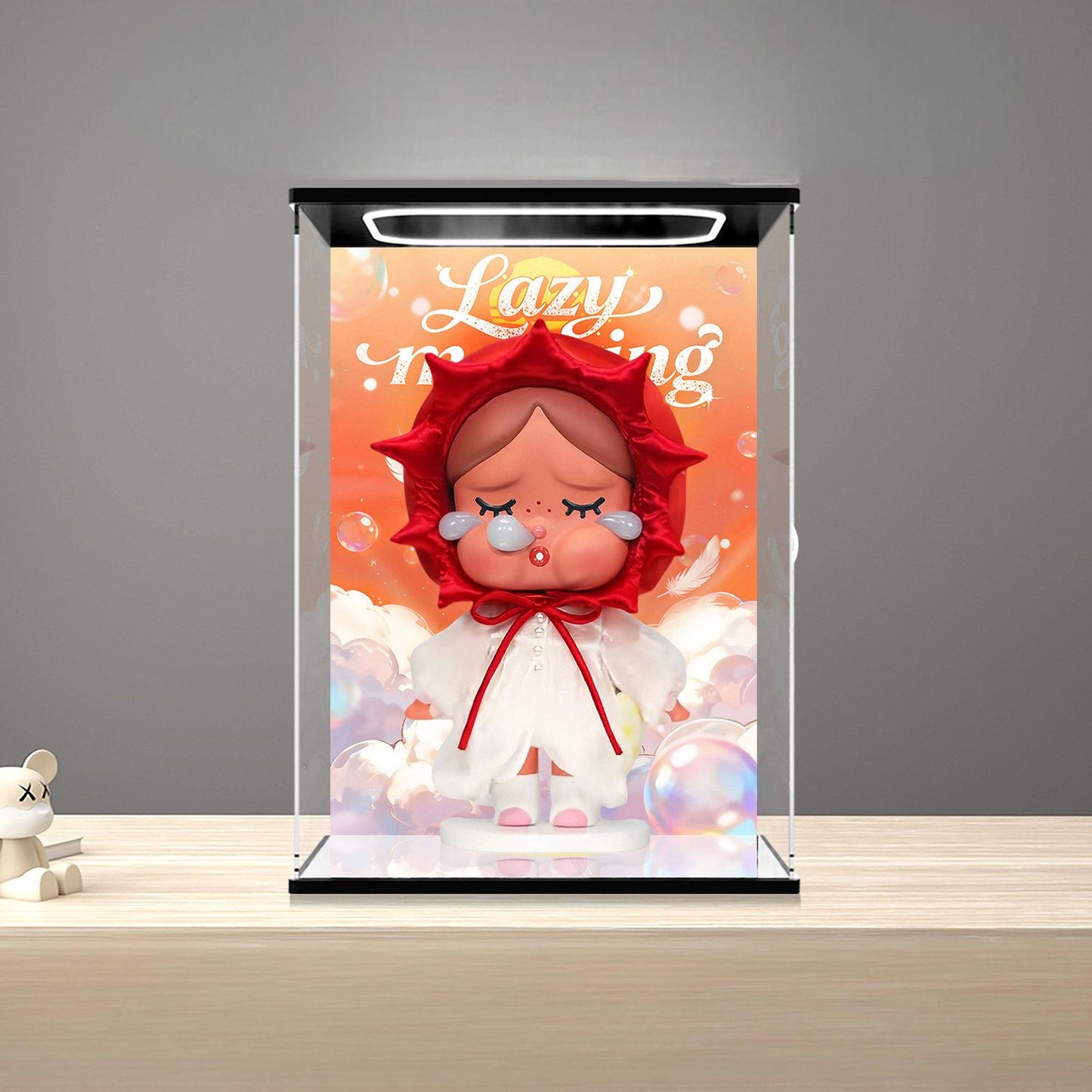 Convient pour la vitrine Pop Mart Pucky Lazy Series – Vitrine avec arrière-plan imprimé UV et base miroir