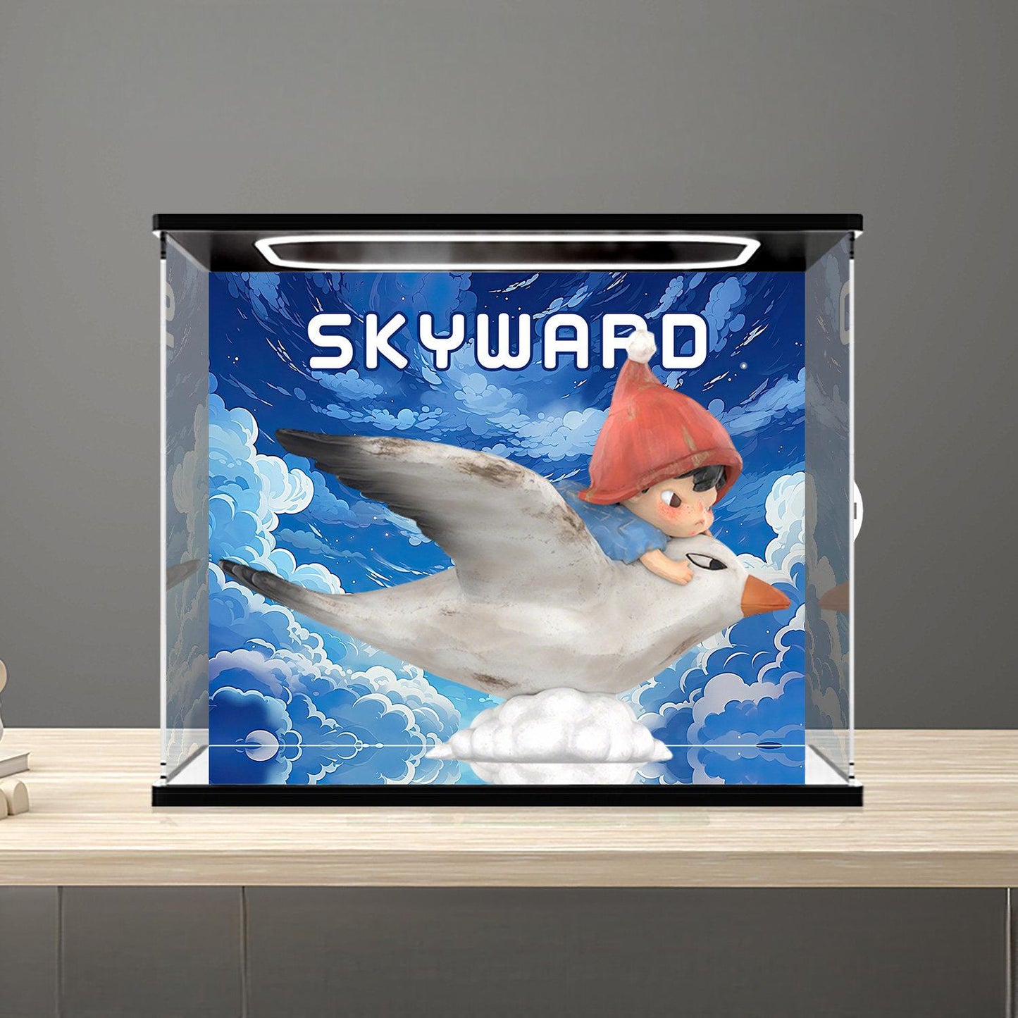Pop Mart Skyward Mirror Acrylic Display Case with Ring Light & UV-Printed Background - Dustproof Showcase
