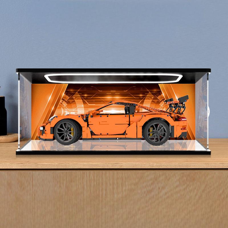 LEGO 42056 Mirror Acrylic Display Case with Ring Light & UV-Printed Background - Dustproof Showcase