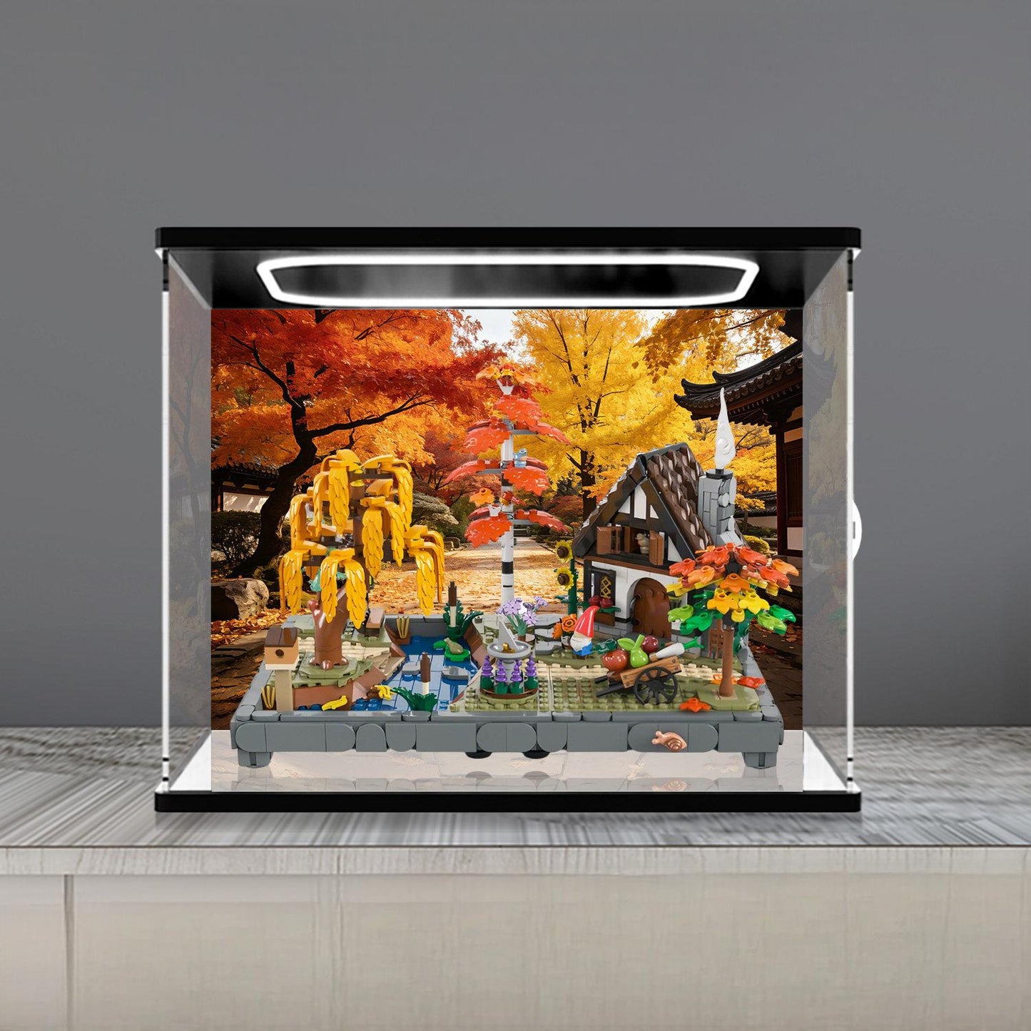 LEGO 11372 Mirror Acrylic Display Case with Ring Light & UV-Printed Background - Dustproof Showcase