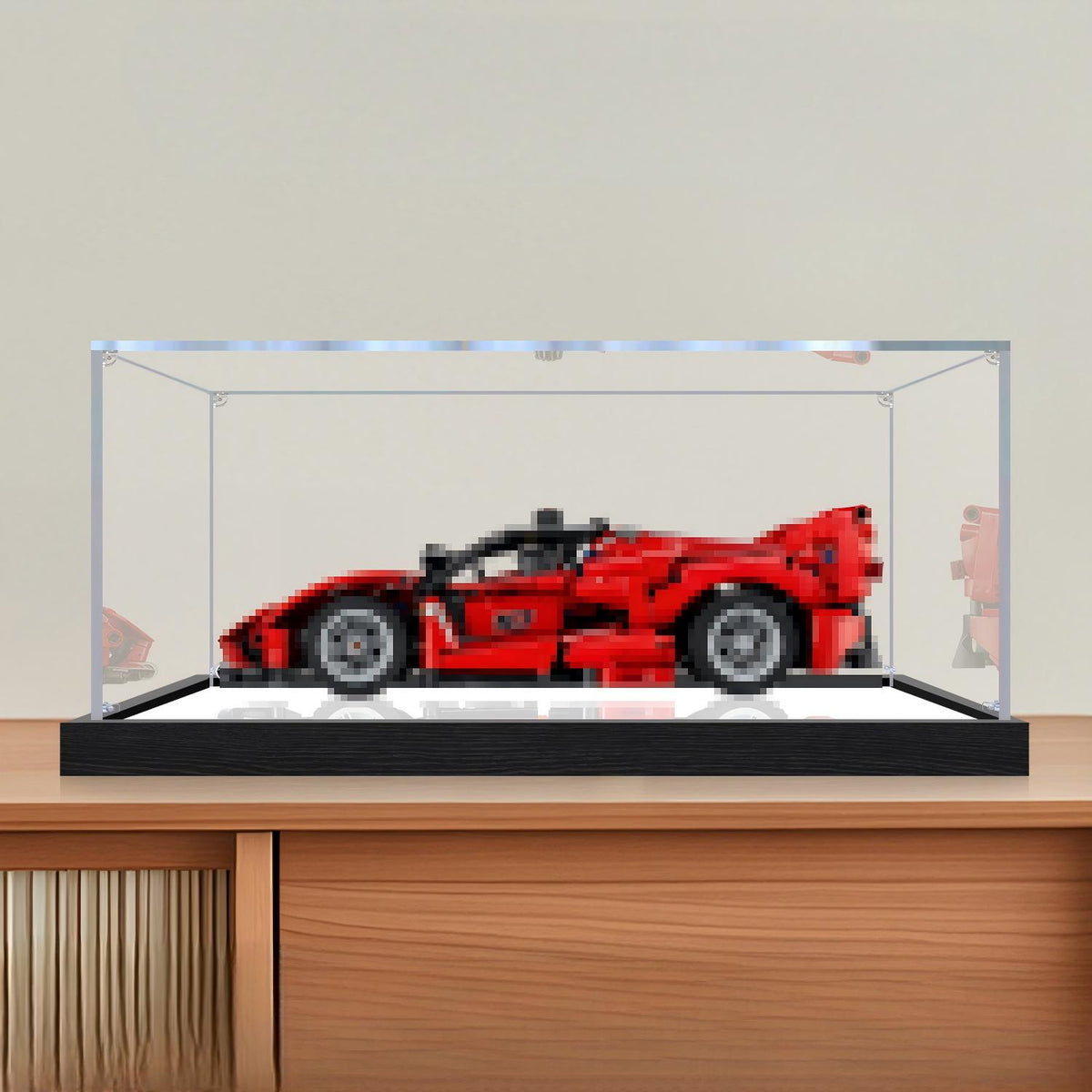 LEGO 42212 Ferrari FXX K Mirror Acrylic Display Case with Ring Light & UV-Printed Background - Dustproof Showcase