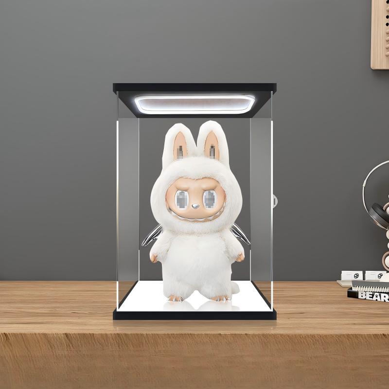 Pop Mart Labubu Angel Mirror Acrylic Display Case with Ring Light & UV-Printed Background - Dustproof Showcase
