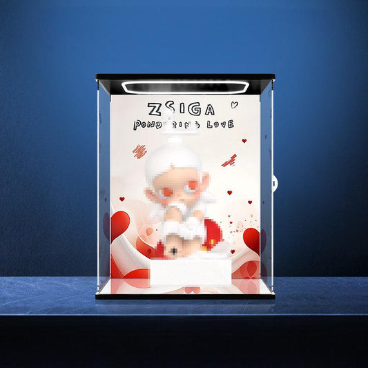Pop Mart Zsiga Pondering Love Series Mirror Acrylic Display Case with Ring Light & UV-Printed Background - Dustproof Showcase