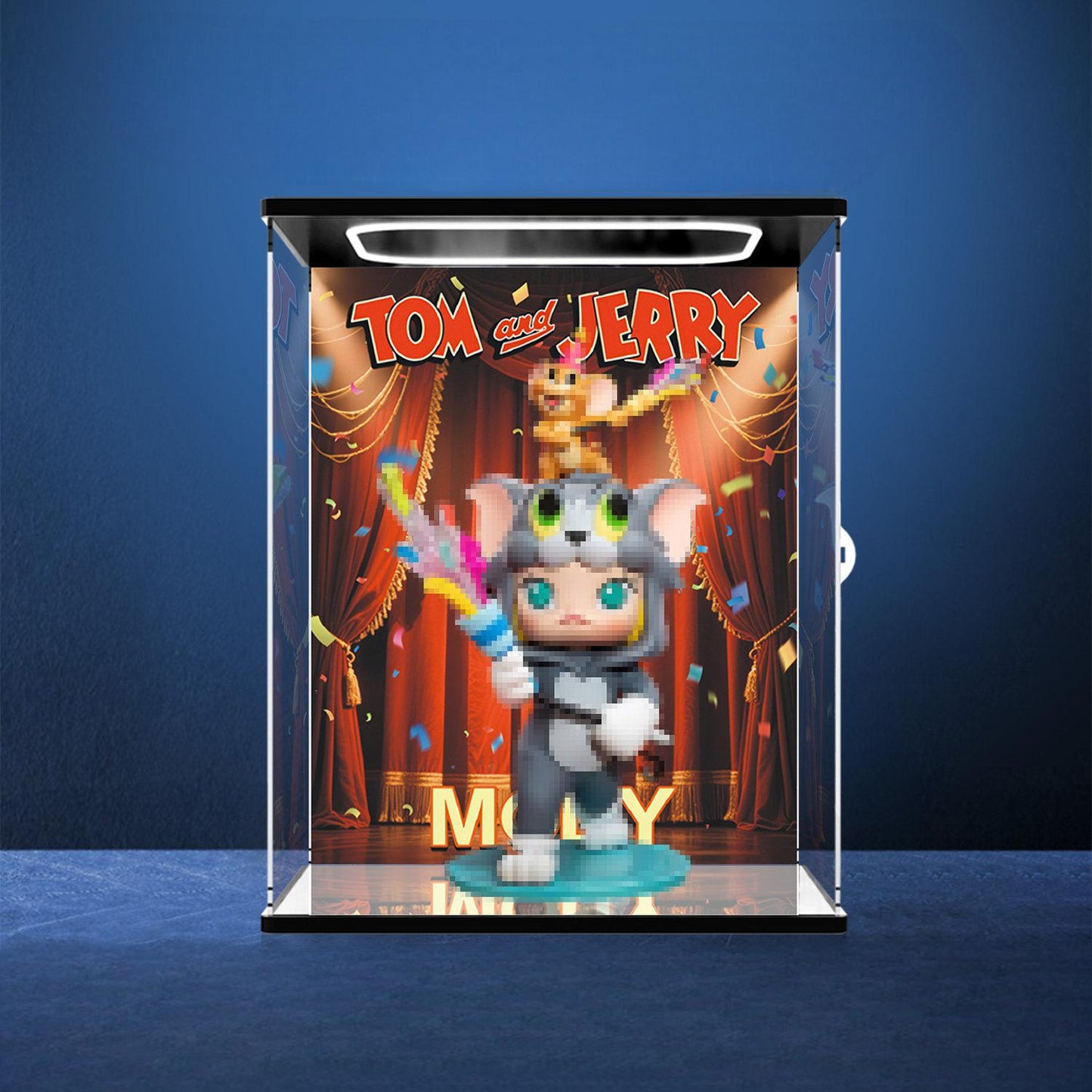 Pop Mart Molly Tom and Jerry Mirror Acrylic Display Case with Ring Light & UV-Printed Background - Dustproof Showcase