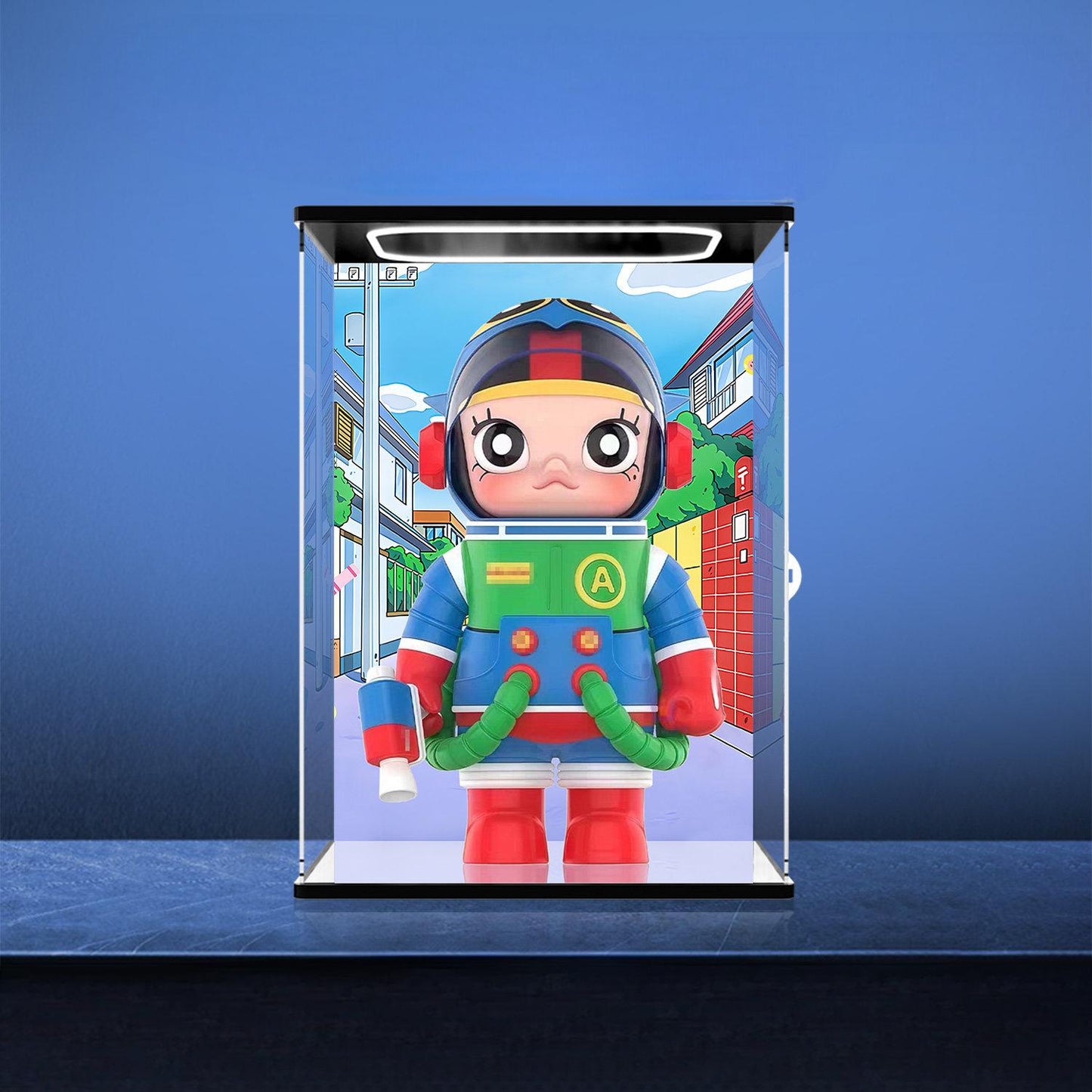 Pop Mart DIMOO Series Mirror Acrylic Display Case with Ring Light & UV-Printed Background - Dustproof Showcase