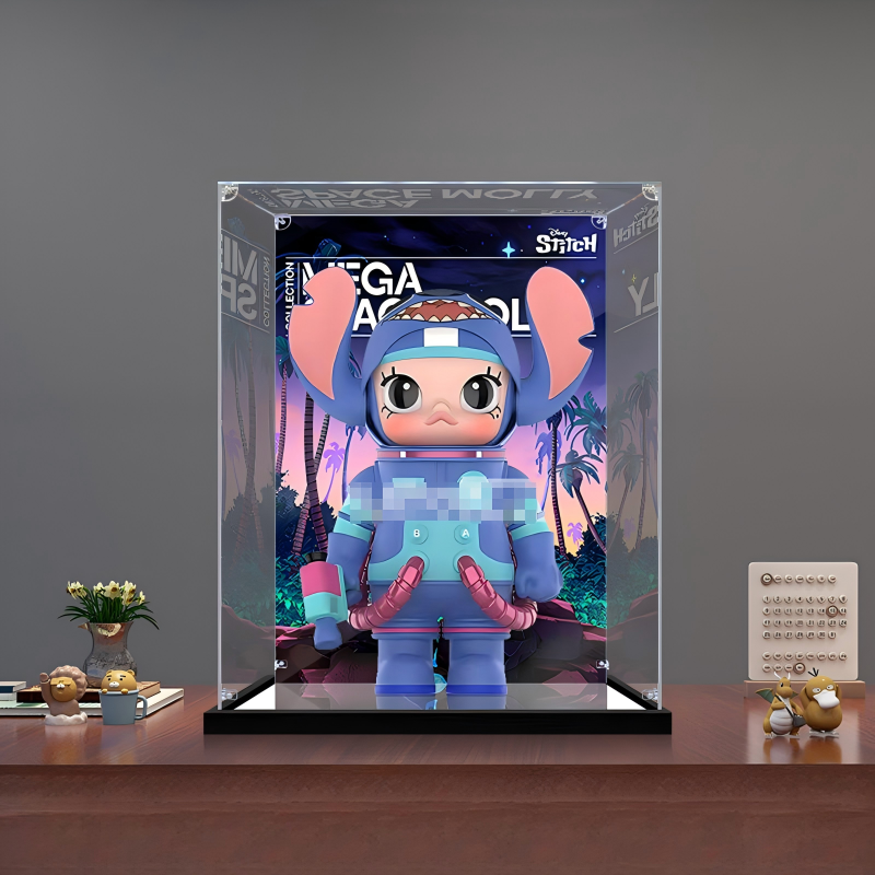 Suitable for Pop Mart Mega Space Molly x Disney Stitch Display Case – 25x25x35cm Showcase with UV-Printed Background & Mirror Base
