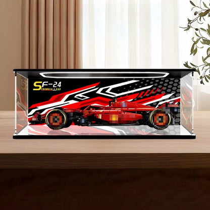LEGO 42207 Ferrari SF-24 Carro de F1 Vitrine de Exibição em Acrílico com Espelho, Luz Anelar e Fundo Impresso em UV - Vitrine à Prova de Poeira