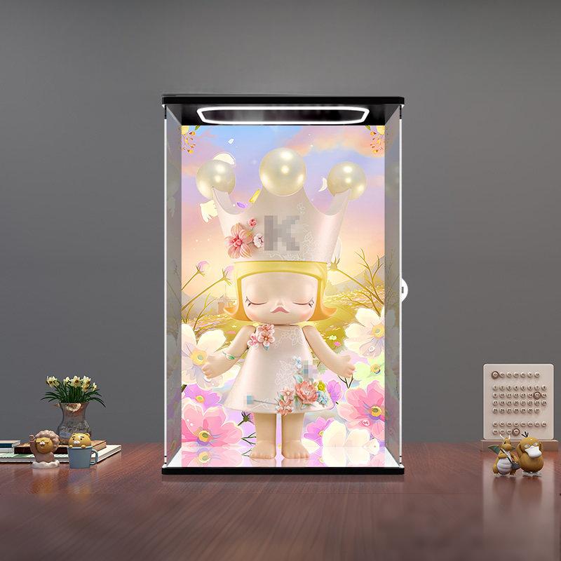 Pop Mart Molly Flower Mirror Acrylic Display Case with Ring Light & UV-Printed Background - Dustproof Showcase