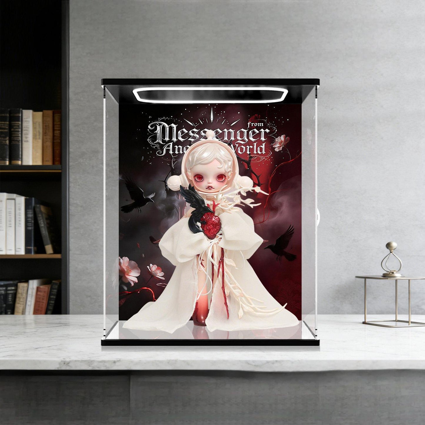 Pop Mart Messenger From Another World Mirror Acrylic Display Case with Ring Light & UV-Printed Background - Dustproof Showcase