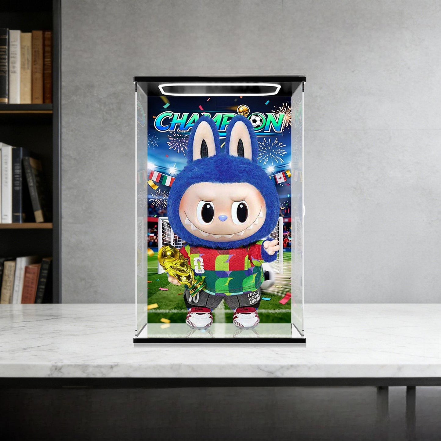 Pop Mart Labubu Champion Series Mirror Acrylic Display Case with Ring Light & UV-Printed Background - Dustproof Showcase