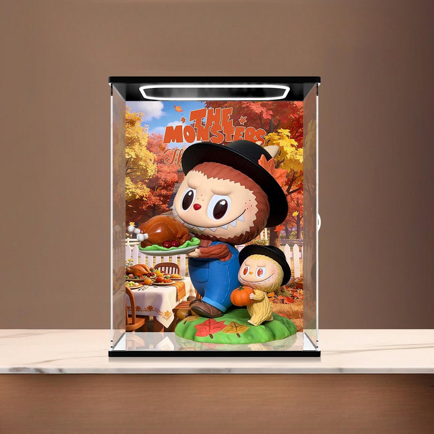 Pop Mart The Monsters Thanksgiving Day Mirror Acrylic Display Case with Ring Light & UV-Printed Background - Dustproof Showcase