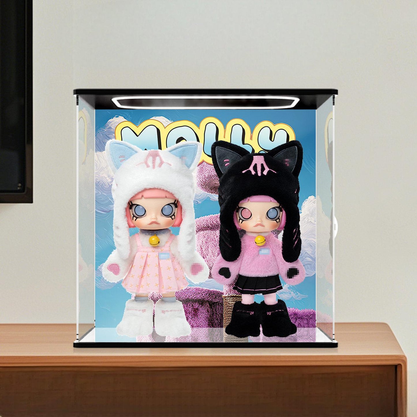 Pop Mart MOLLY用ディスプレイケースに最適 – UVプリント背景＆ミラーベース付きショーケース