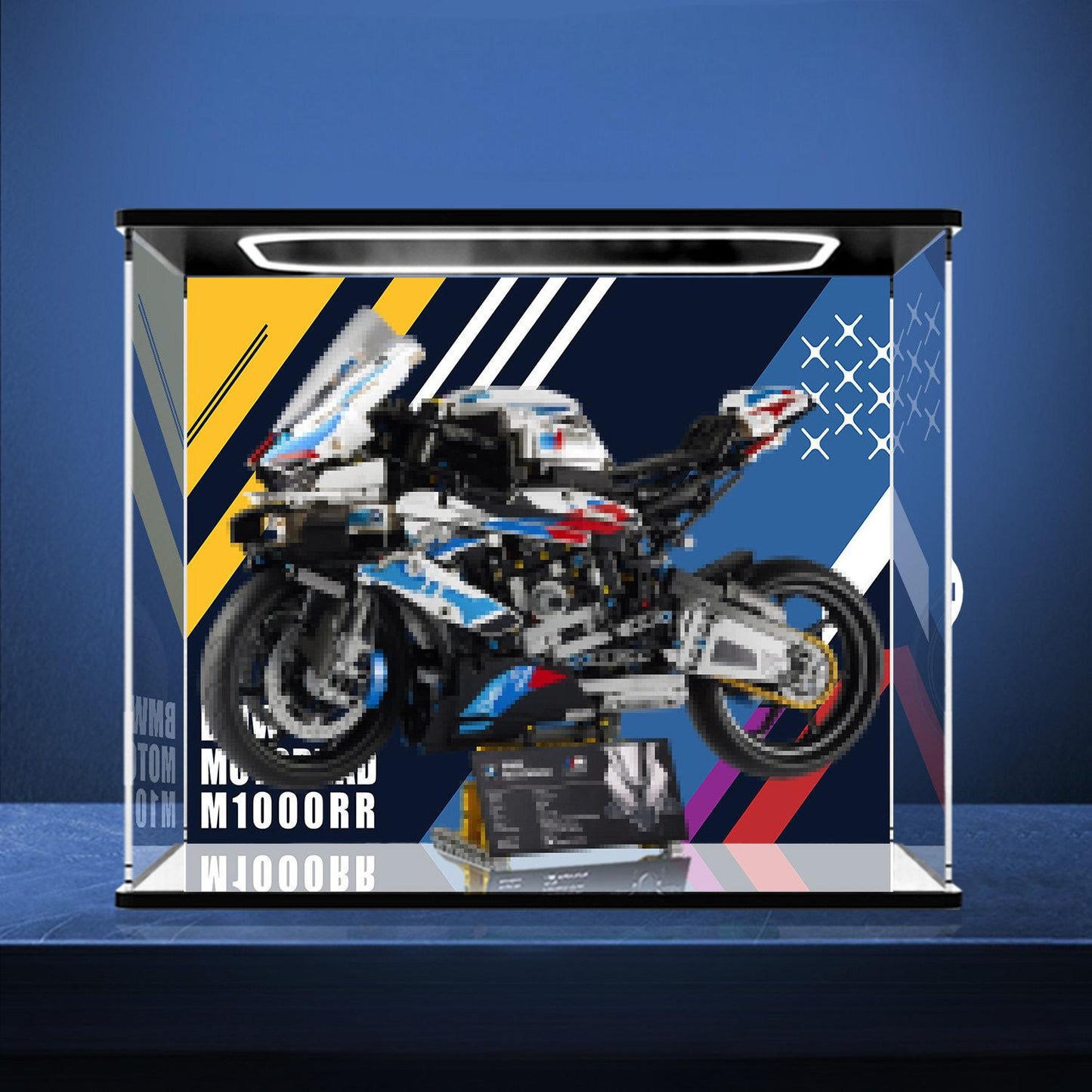 BMW M 1000 RR 42130 用アクリル製ディスプレイケース（テーマプリント背景＆防塵ボックス付き）