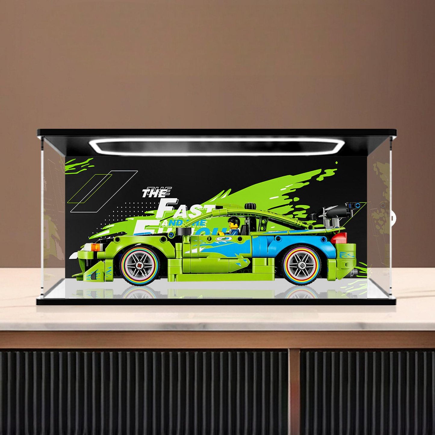 LEGO 42229 Mirror Acrylic Display Case with Ring Light & UV-Printed Background - Dustproof Showcase