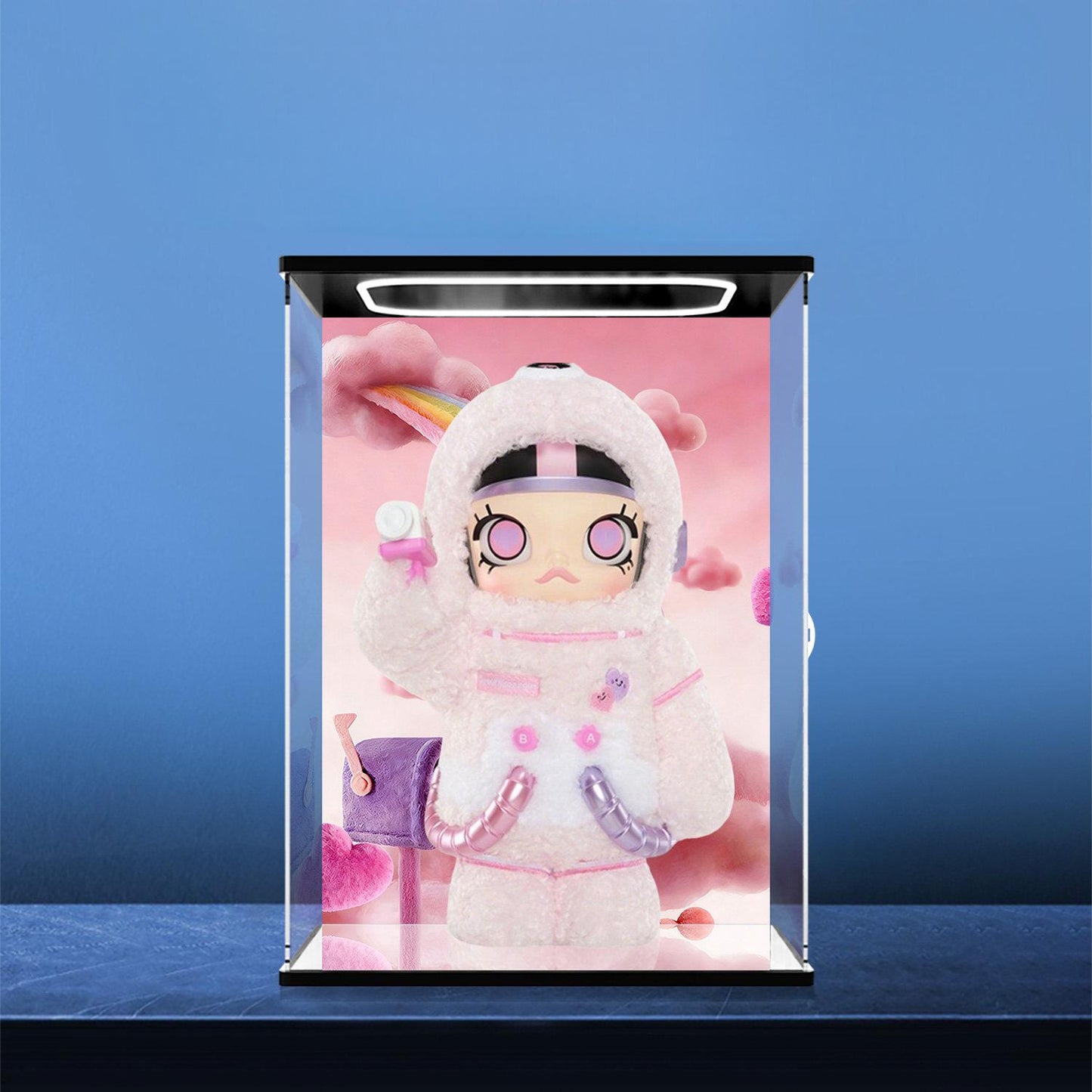 Pop Mart MEGA SPACE MOLLY Pink Mirror Acrylic Display Case with Ring Light & UV-Printed Background - Dustproof Showcase