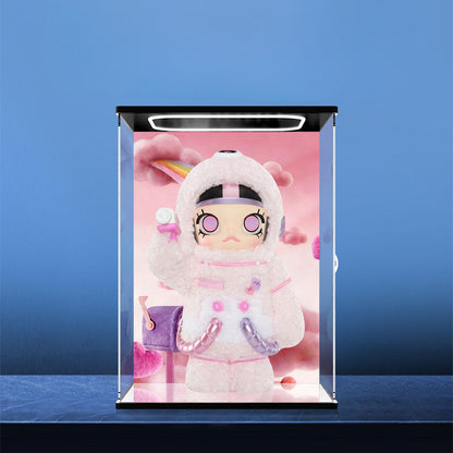 Pop Mart MEGA SPACE MOLLY Pink Mirror Acrylic Display Case with Ring Light & UV-Printed Background - Dustproof Showcase