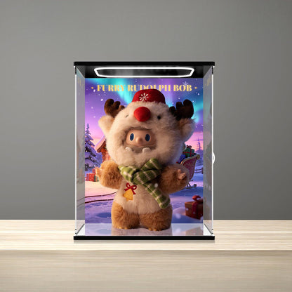 Pop Mart Furry Rudolph Bob Series Mirror Acrylic Display Case with Ring Light & UV-Printed Background - Dustproof Showcase