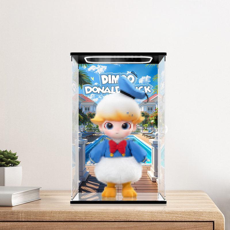 حالة عرض أكريليك مرآة Pop Mart Dimoo Donald Duck مع إضاءة حلقية وخلفية مطبوعة بالأشعة فوق البنفسجية - صندوق عرض مقاوم للغبار