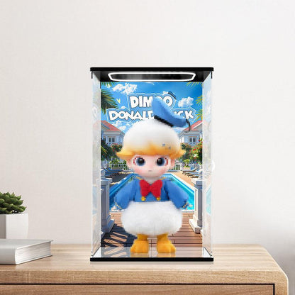حالة عرض أكريليك مرآة Pop Mart Dimoo Donald Duck مع إضاءة حلقية وخلفية مطبوعة بالأشعة فوق البنفسجية - صندوق عرض مقاوم للغبار