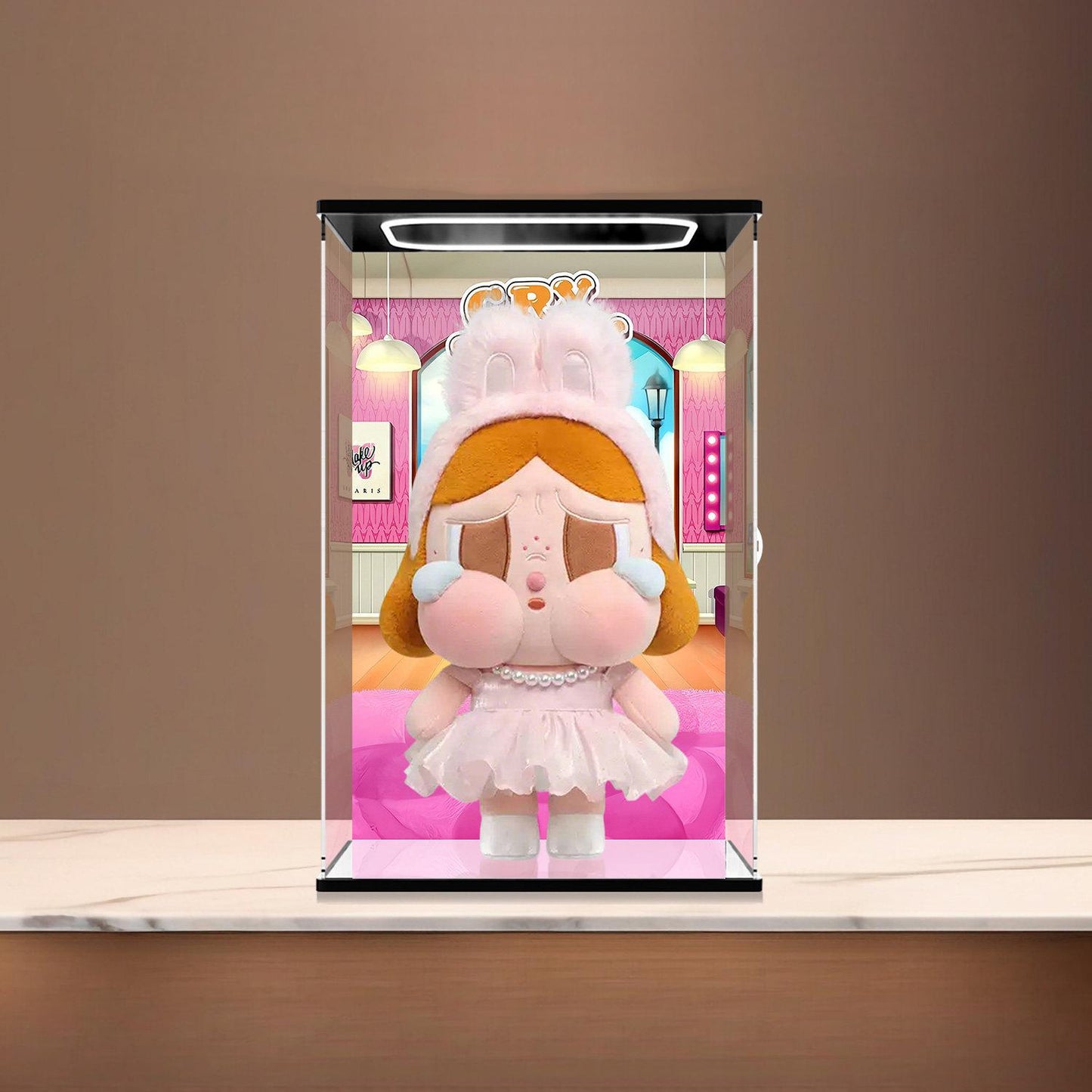 Pop Mart Crybaby Mirror Acrylic Display Case with Ring Light & UV-Printed Background - Dustproof Showcase