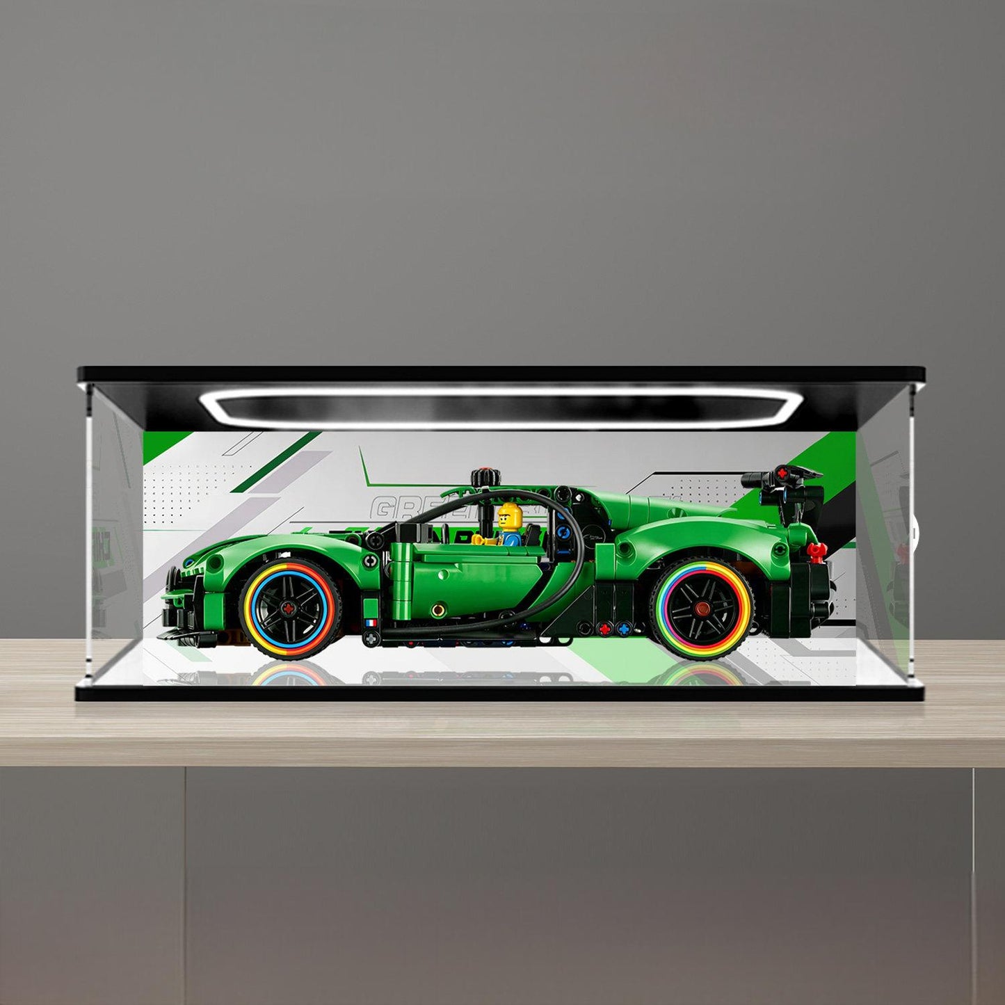 LEGO 42241 Mirror Acrylic Display Case with Ring Light & UV-Printed Background - Dustproof Showcase