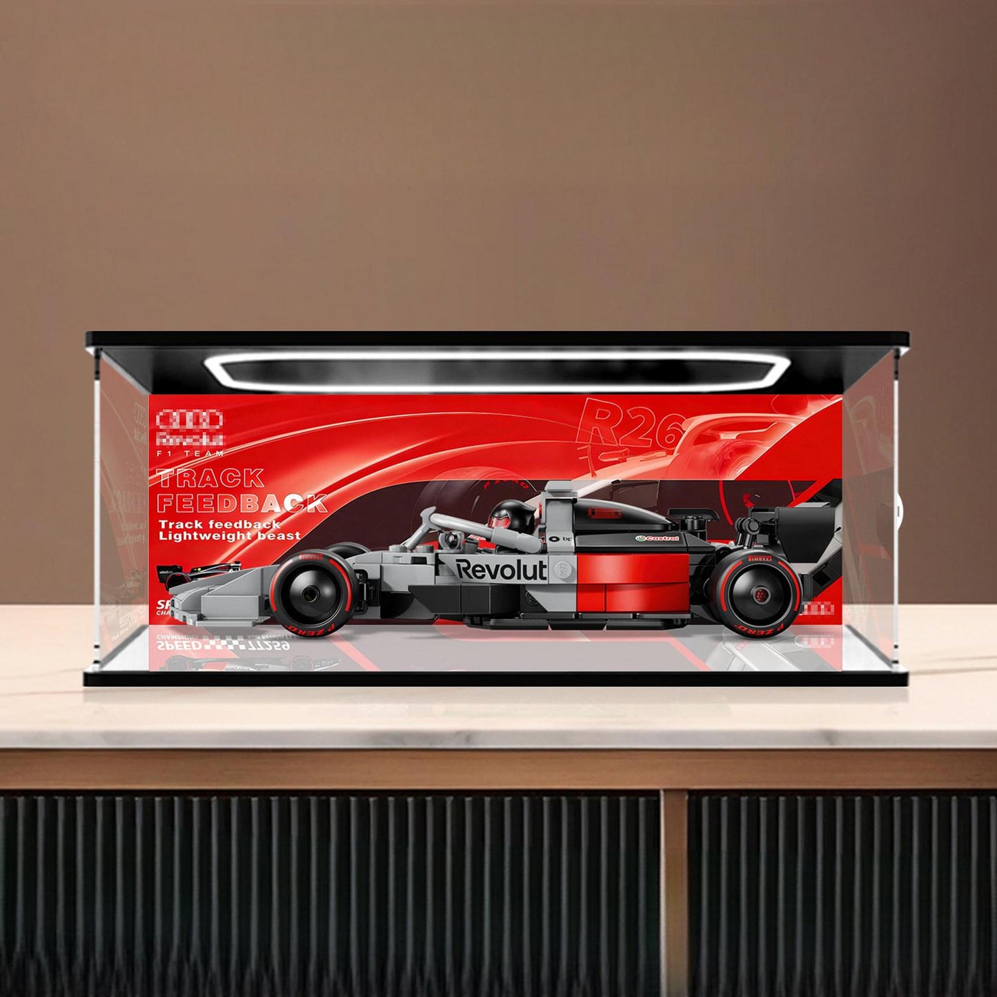 LEGO 77259 Mirror Acrylic Display Case with Ring Light & UV-Printed Background - Dustproof Showcase