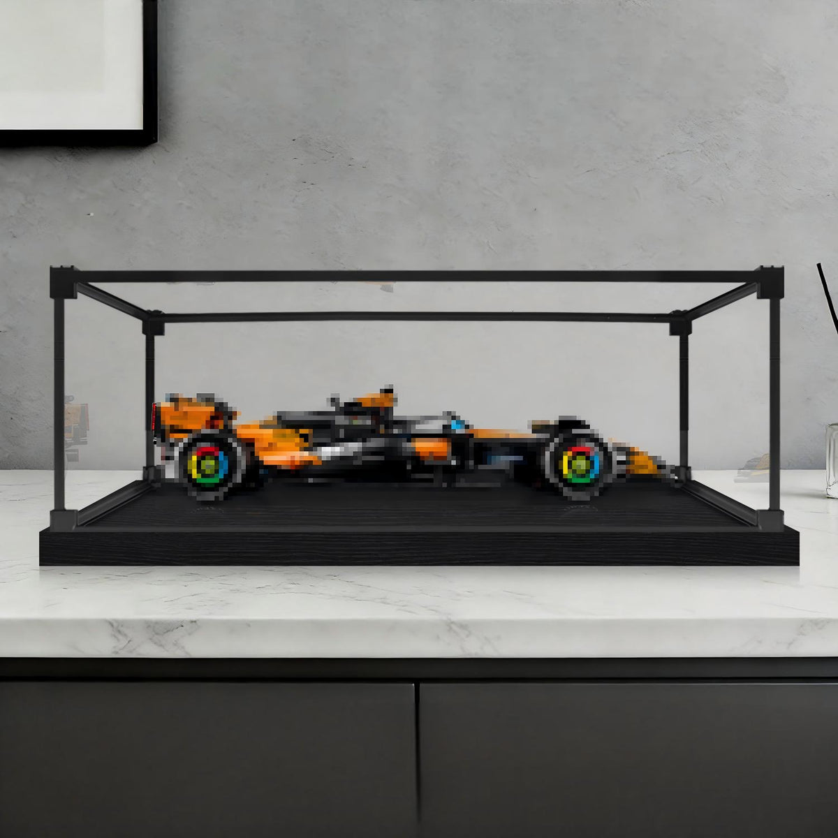 LEGO 42228 McLaren MCL39 F1 Car Mirror Acrylic Display Case with Ring Light & UV-Printed Background - Dustproof Showcase