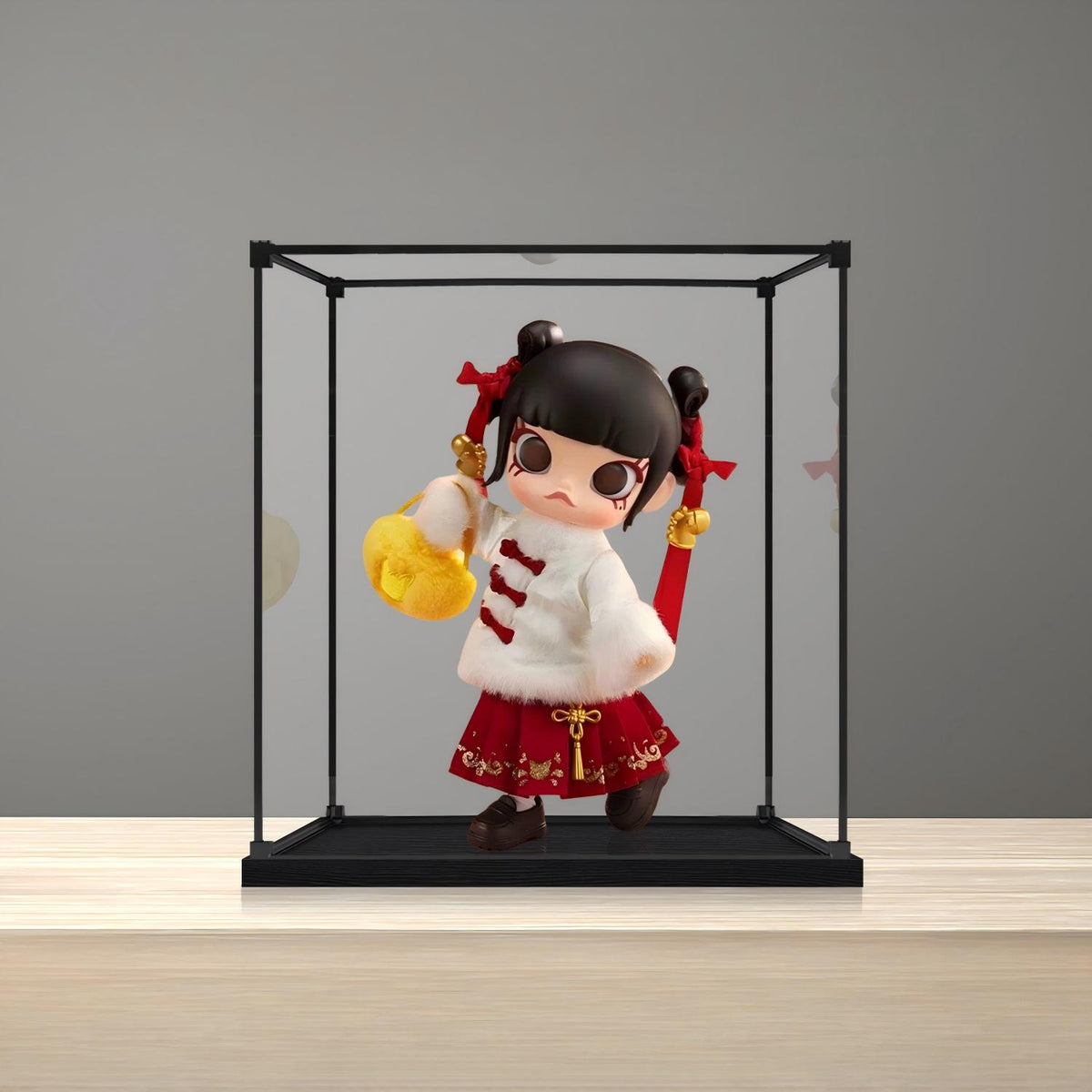 Pop Mart Molly Fortune Collection Mirror Acrylic Display Case with Ring Light & UV-Printed Background - Dustproof Showcase