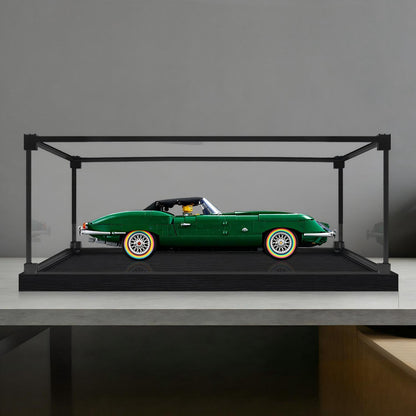 LEGO 11381 Jaguar E-Type Mirror Acrylic Display Case with Ring Light & UV-Printed Background - Dustproof Showcase