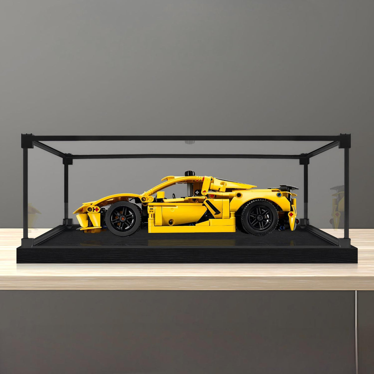 LEGO 42205 Chevrolet Corvette Stingray Mirror Acrylic Display Case with Ring Light & UV-Printed Background - Dustproof Showcase