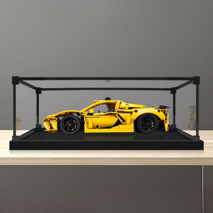 LEGO 42205 Chevrolet Corvette Stingray Mirror Acrylic Display Case with Ring Light & UV-Printed Background - Dustproof Showcase