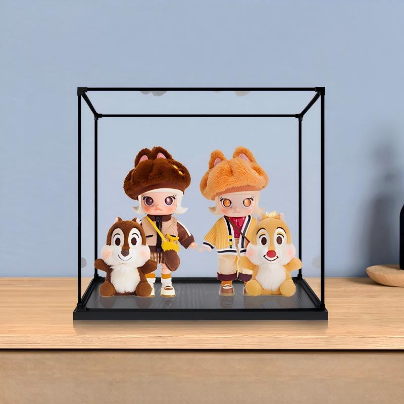 Caixa de Exibição de Acrílico com Espelho para Pop Mart MOLLY Chip 'n Dale com Luz de Anel e Fundo Impresso em UV - Vitrine à Prova de Poeira