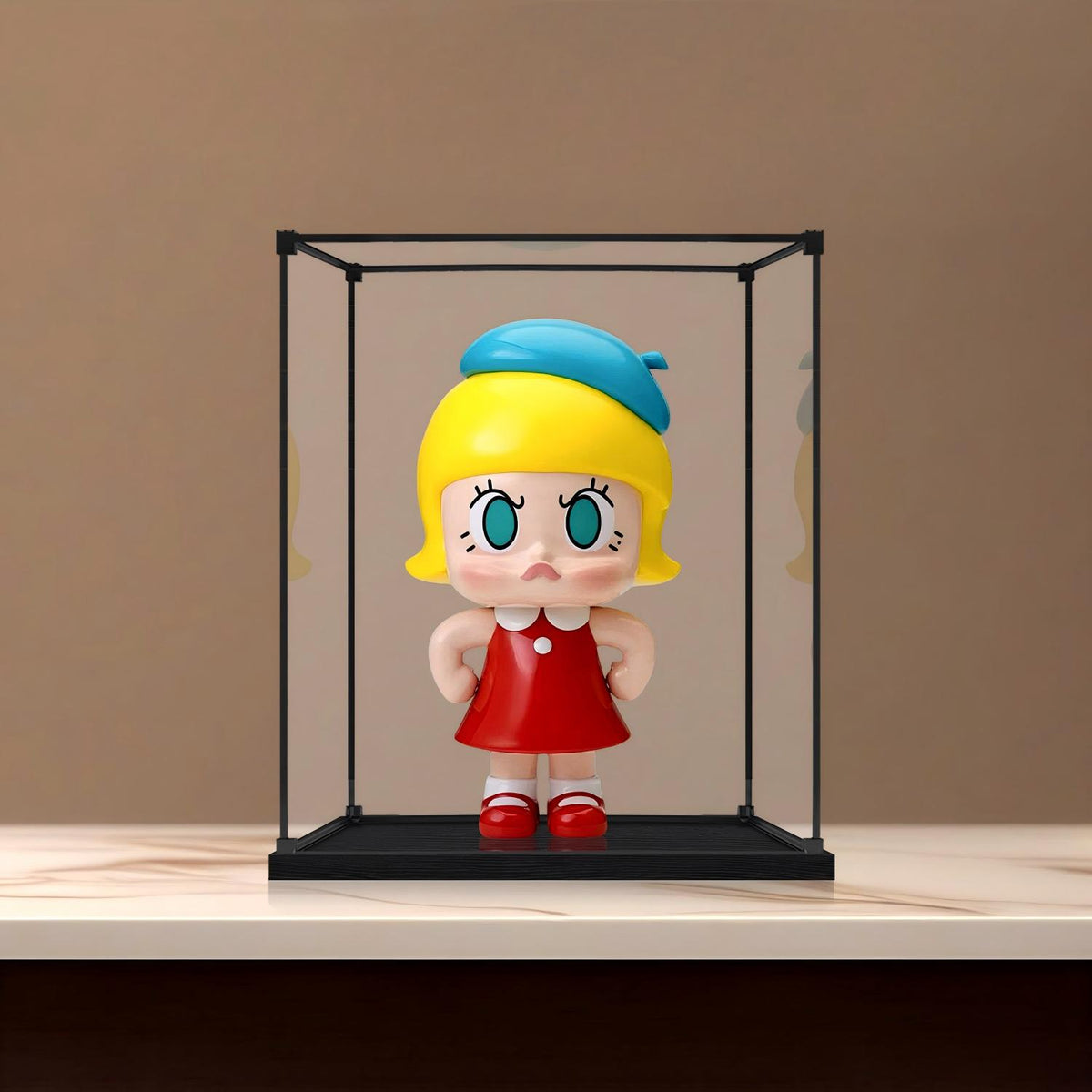 Pop Mart Angry Molly Mirror Acrylic Display Case with Ring Light & UV-Printed Background - Dustproof Showcase