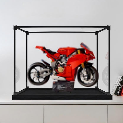 LEGO 42202 Ducati Panigale V4 S Vitrine de Exibição em Acrílico com Espelho, Luz Anelar e Fundo Impresso em UV - Vitrine à Prova de Poeira