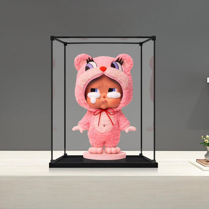 Pop Mart Crybaby 镜面亚克力展示盒，带环形灯和UV印刷背景 - 防尘展示柜