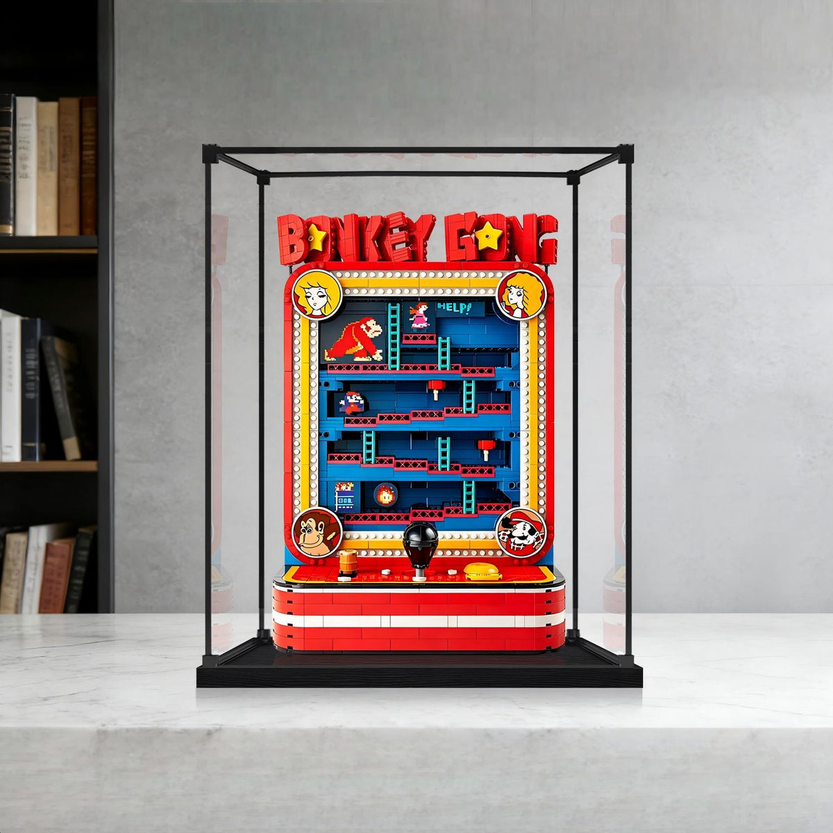 LEGO 72051 Donkey Kong Arcade Spiegel-Vitrinen-Display mit Ringlicht & UV-bedrucktem Hintergrund - Staubdichte Schaukasten