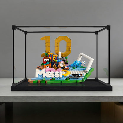 LEGO 43011 Lionel Messi - Soccer Highlights Mirror Acrylic Display Case with Ring Light & UV-Printed Background - Dustproof Showcase