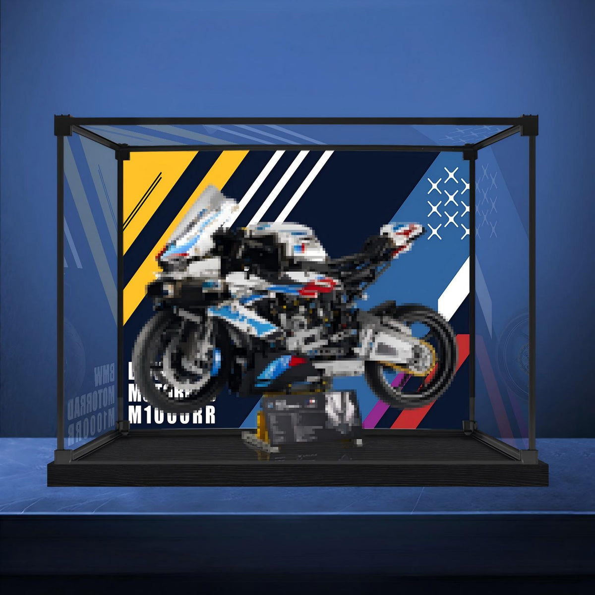 LEGO 42130 BMW M 1000 RR ミラーアクリルディスプレイケース リングライト＆UVプリント背景付き - 防塵ショーケース