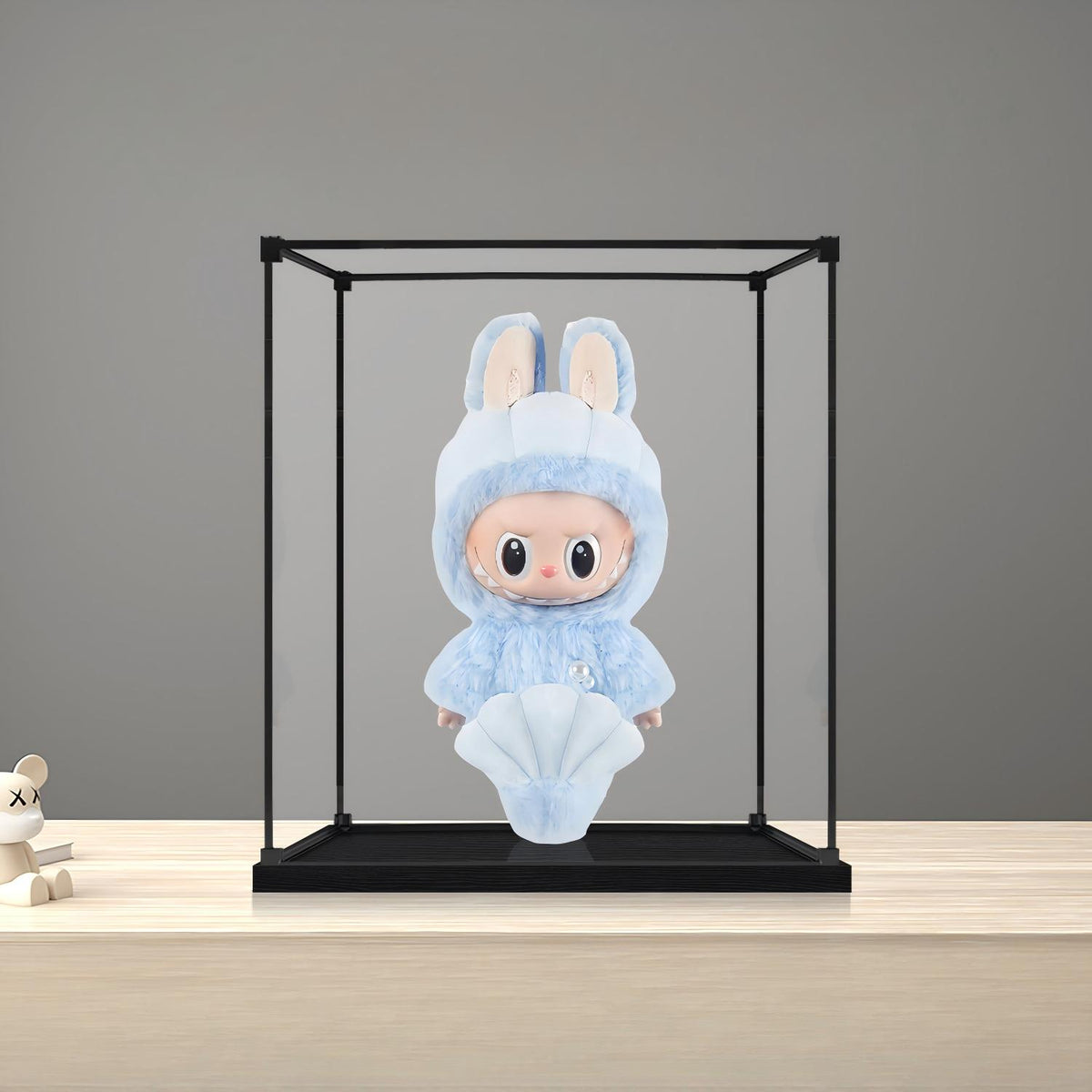 حالة عرض أكريليك مرآة Pop Mart Labubu Hide and Seek مع ضوء حلقي وخلفية مطبوعة بالأشعة فوق البنفسجية - صندوق عرض مقاوم للغبار