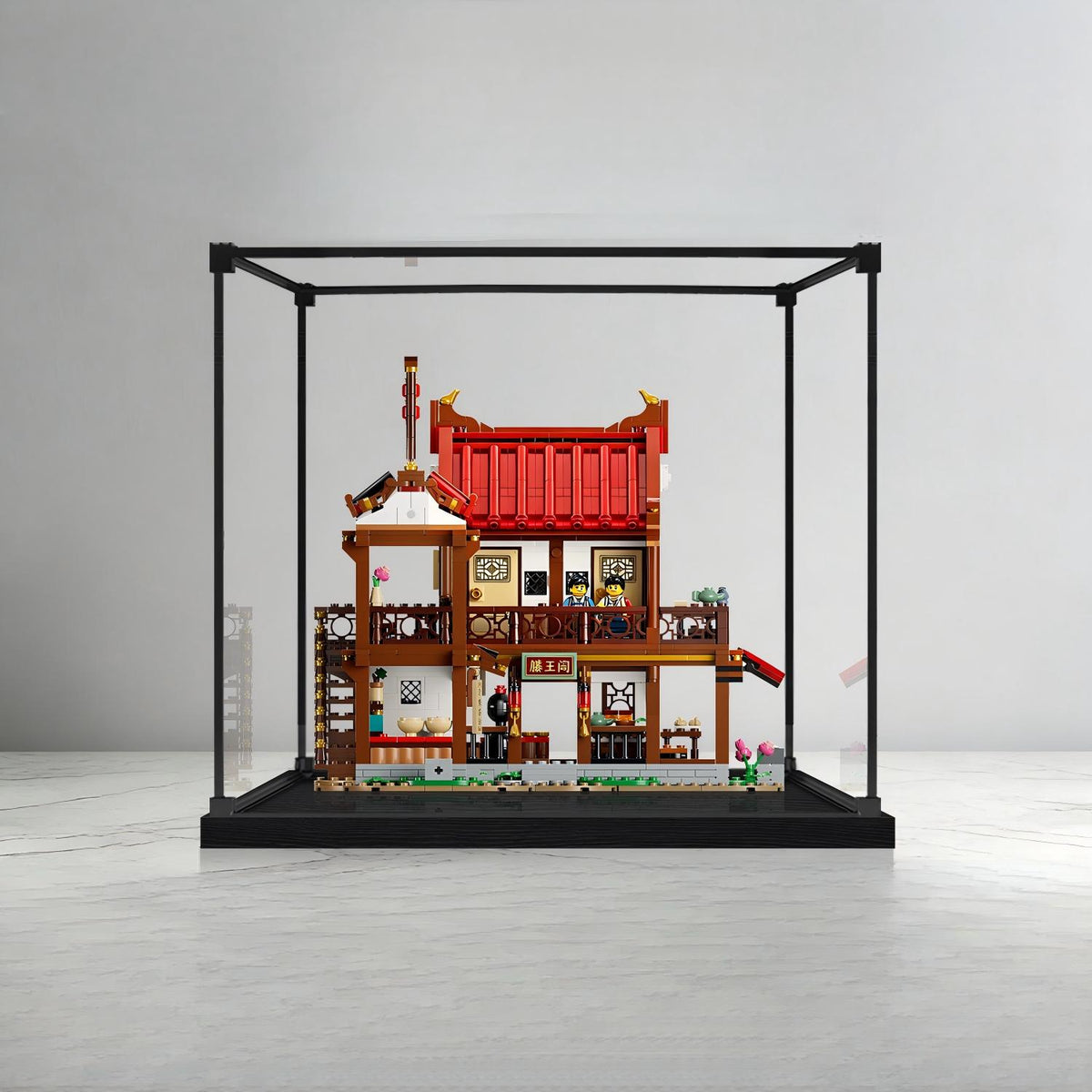 LEGO 80121 Antikes Mondblick-Gasthaus Spiegel-Acryl-Ausstellungsvitrine mit Ringlicht & UV-bedrucktem Hintergrund - Staubdichte Vitrine