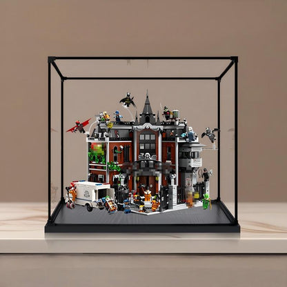 LEGO 76300 Arkham Asylum Mirror Acrylic Display Case with Ring Light & UV-Printed Background - Dustproof Showcase