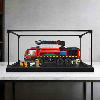 LEGO 60499 Flughafen-Feuerwehrauto Spiegel-Acryl-Vitrine mit Ringlicht & UV-bedrucktem Hintergrund - Staubdichte Vitrine