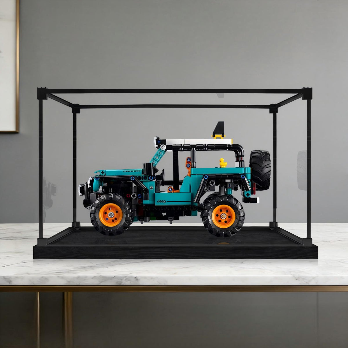 LEGO 42227 Jeep Wrangler Rubicon Mirror Acrylic Display Case with Ring Light & UV-Printed Background - Dustproof Showcase