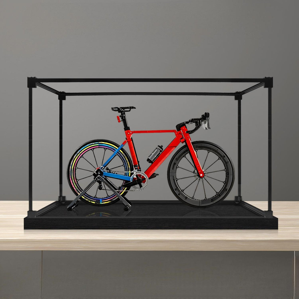 LEGO 11380 Icons Road Bike Mirror Acrylic Display Case with Ring Light & UV-Printed Background - Dustproof Showcase