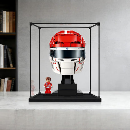 LEGO 43014 Scuderia Ferrari HP Charles Leclerc Helmet Mirror Acrylic Display Case with Ring Light & UV-Printed Background - Dustproof Showcase