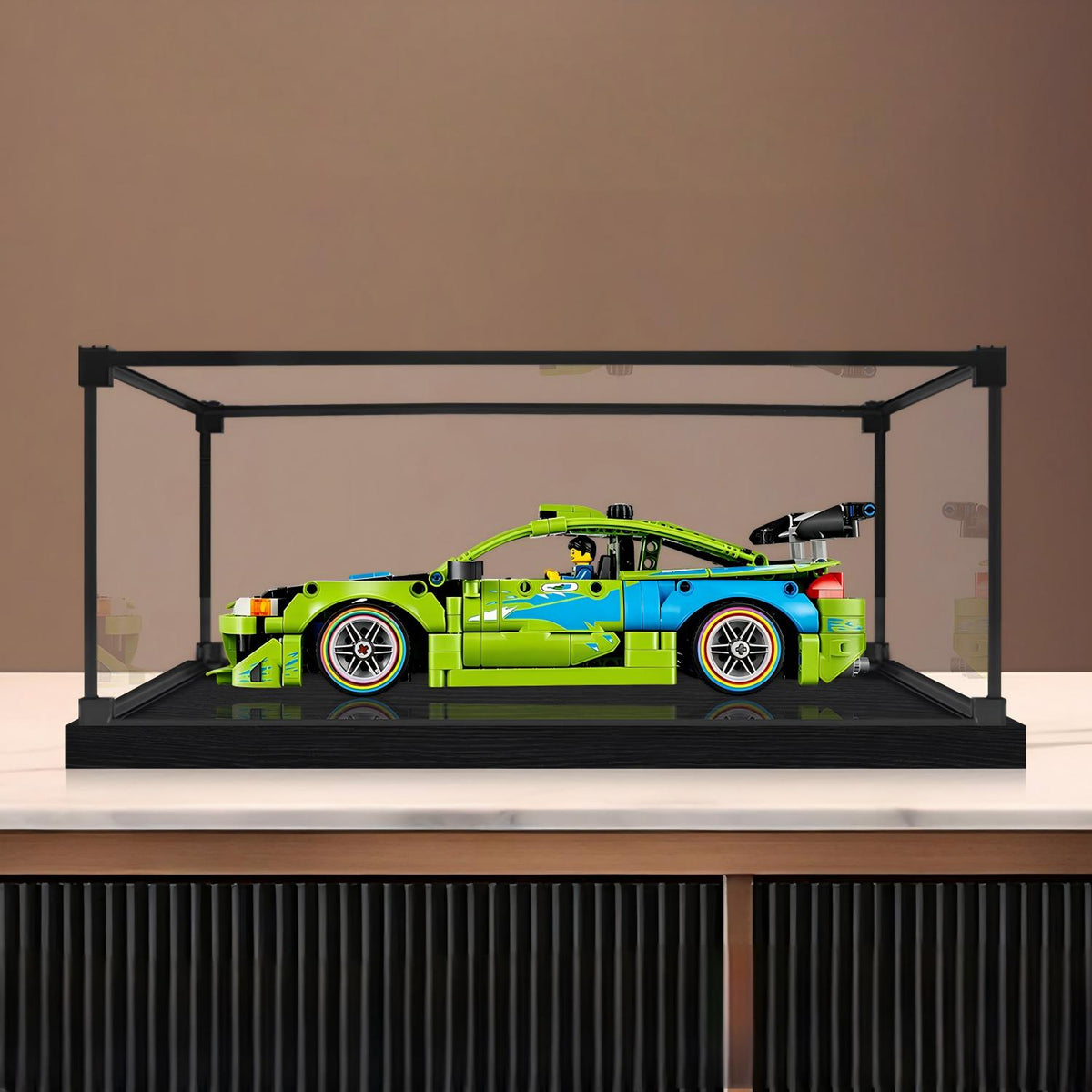 LEGO 42229 Technic Fast and Furious Mitsubishi Eclipse Car Mirror Acrylic Display Case with Ring Light & UV-Printed Background - Dustproof Showcase
