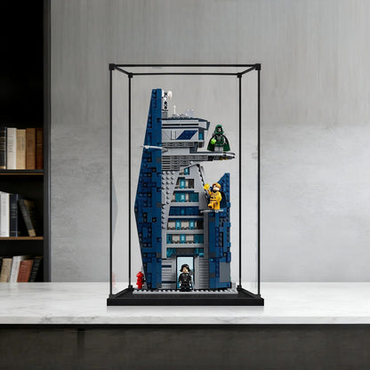 LEGO 76352 Avengers: Doomsday New Avengers Tower Spejl Akryl Udstillingskasse med Ringlys & UV-printet Baggrund - Støvtæt Vitrine